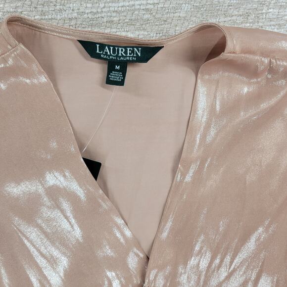 Lauren Ralph Lauren Metallic Blouse Womens M Liquid Pink Surplice Faux Wrap New - Picture 6 of 15